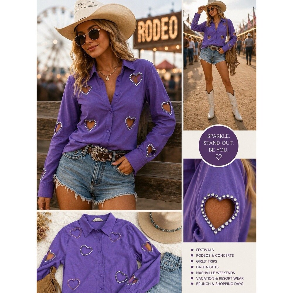 TIC Purple Rhinestone Heart Cutout Button Up Blouse Y2K Coquette Size L